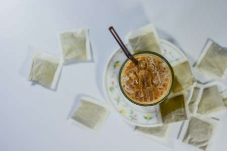 ice Coffee in the glass on white background.topviewの写真素材