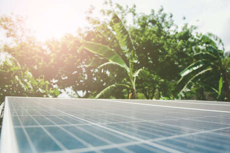 Solar cell with blue sky and sun lighting, Natural energy From the sun.Conceptの写真素材