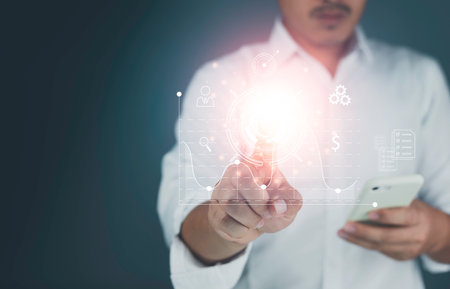 Businessman use smartphones to connect to big data with internet technology, the Concept of global...