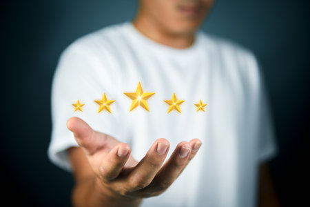 Business man checkmark in the box, the highest satisfaction rating is five stars. rating evaluation...
