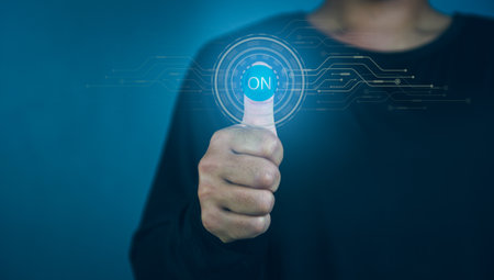 The Businessman pressing the button on virtual screen is touch and click certificate sign to...