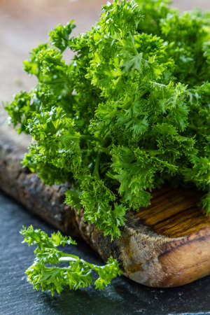 Parsley on dark stone background, copy spanceの写真素材