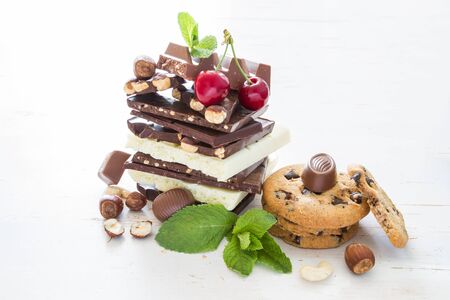 Selection of chocolate on white background, closeupの写真素材