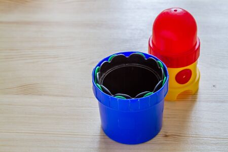 Toy on wood background with copy spaceの写真素材