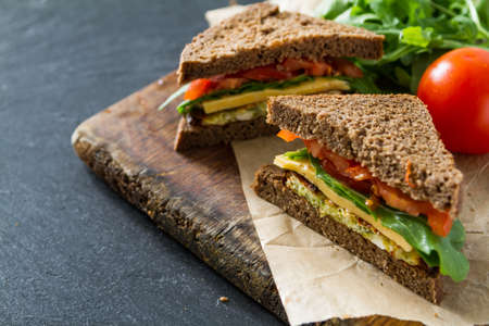 Vegan sandwich with salad and cheese, ondark stone background, copy spaceの写真素材