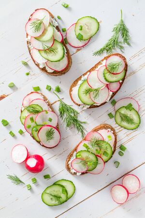 Radish and cucumber sandwich, white wood backgroundの写真素材