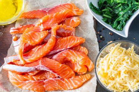 Salmon strudel ingredients, top view, white wood backgroundの写真素材