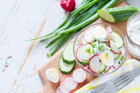 Radish salad and ingredients on white wood backgroundの写真素材