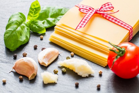 Lasagne ingredients on stone background, copy spaceの写真素材