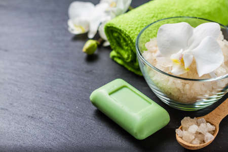 SPA concept on dark stone background, copy spaceの写真素材