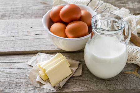 Fresh maket ingredients for baking easter bread, copy spaceの写真素材
