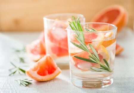 Summer refreshing drink and ingredients, copy spaceの写真素材