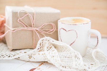 Mothers day concept - coffee present and roses copy spaceの写真素材