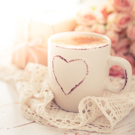 Mothers day concept - coffee present and roses copy space, tonedの写真素材