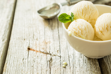 Vanilla ice cream in white bowl, copy spaceの写真素材