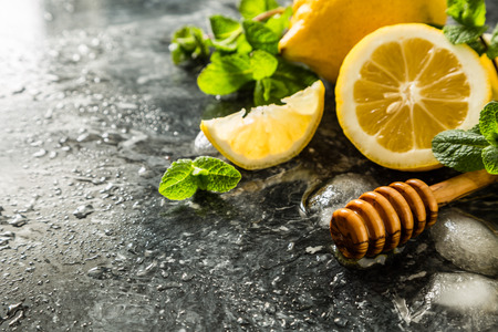 Lemonade ingredients on marble background, copy spaceの写真素材