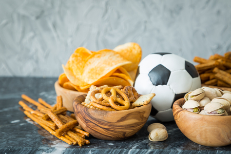 Selection of party food for watching football championship, copy spaceの写真素材