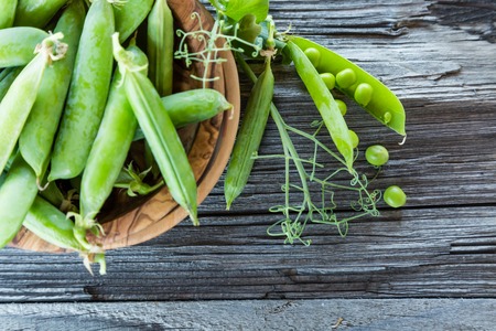 Green pias on rustic wood background, copy space