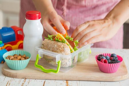Mother making school lunch in the kitchen, closeupの写真素材