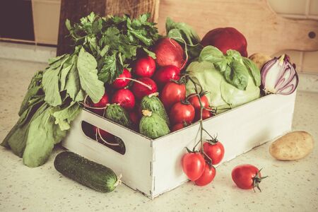Selection of fresh vegetables from farmers market, copy space, tonedの写真素材