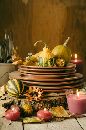 Thanksgiving table setting with decorations, copy spaceの写真素材