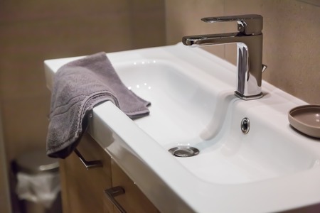 Bathroom interior with towel, copy space, closeupの写真素材