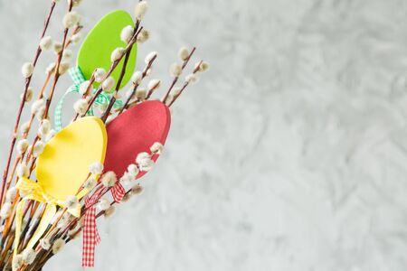 Easter decorations on pussy willow, copy space