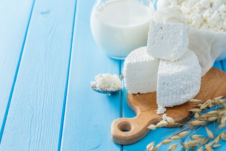 Selection of dairy products wood background, copy spaceの写真素材