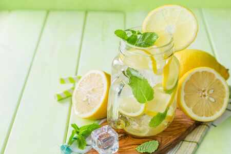 Classic lemon and mint lemonade, copy spaceの写真素材