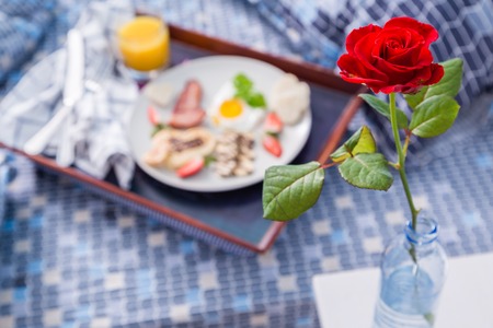 Valentines day breakfast - bacon, egg, pancake, bananaの写真素材