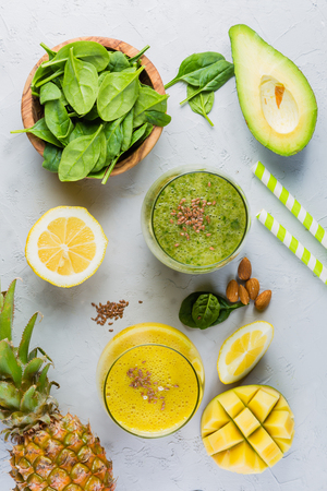 Green and yellow smoothie, ingredientsの写真素材