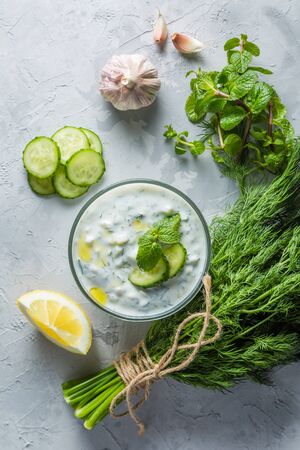 Tzatziki sauce and ingredientsの写真素材