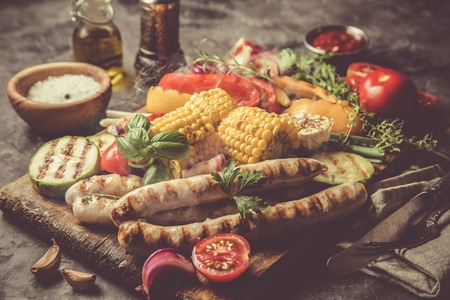 Barbeque sausages with vegetablesの写真素材