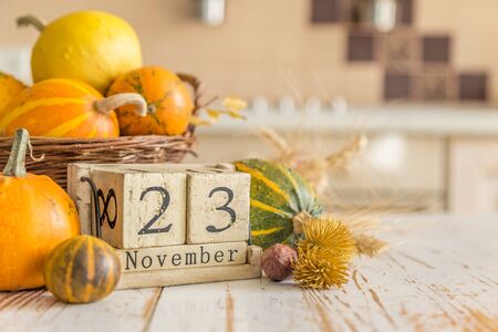 Thanksgiving concept - decorations with pumpkinsの写真素材
