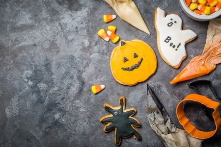 Halloween concept with cookies and candiesの写真素材