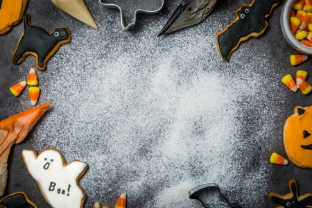 Halloween concept with cookies and candiesの写真素材