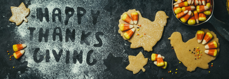 Thanksgiving concept - baking ingredients and symbolsの写真素材