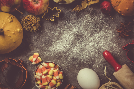 Thanksgiving concept - baking ingredients and symbolsの写真素材