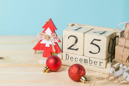 Christmas decorations - presents and ornament, blue backgroundの写真素材