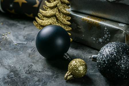 Christmas party invitation - silver gold and black decorationsの写真素材