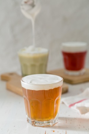 Taiwanese food trend - cheese tea assortment on white wood backgroundの写真素材