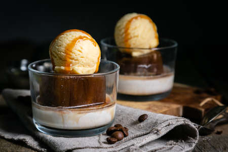 Dessert with liqueur, coffee ice cubes and ice creamの写真素材