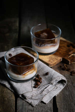 Dessert with liqueur, coffee ice cubes and ice cream