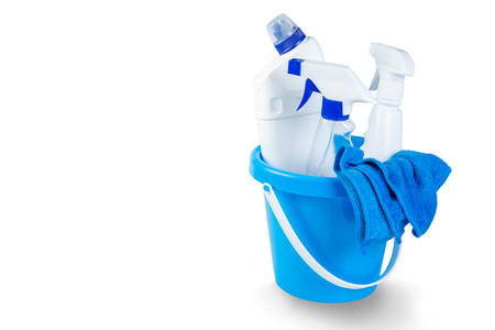 Cleaning supplies - bottles, sprays sponge isolated on whiteの写真素材