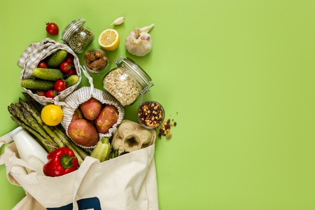 Zero waste shopping concept - groceries in textile bags and glass jarsの写真素材