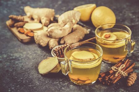 Fall immune system booster - ginger and turmeric tea and ingredientsの写真素材