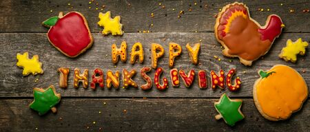 Thanksgiving concept - cookies shaped like pumpkin, turkey, leaves