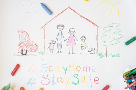 Drawing of family wearing face masks - covid concept, stay home and stay safeの写真素材