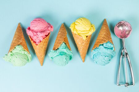 Pastel ice cream in waffle cones