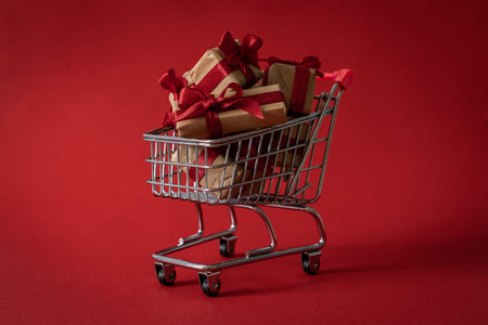 Online shopping for Valentines day concept - presents in shopping cartの写真素材